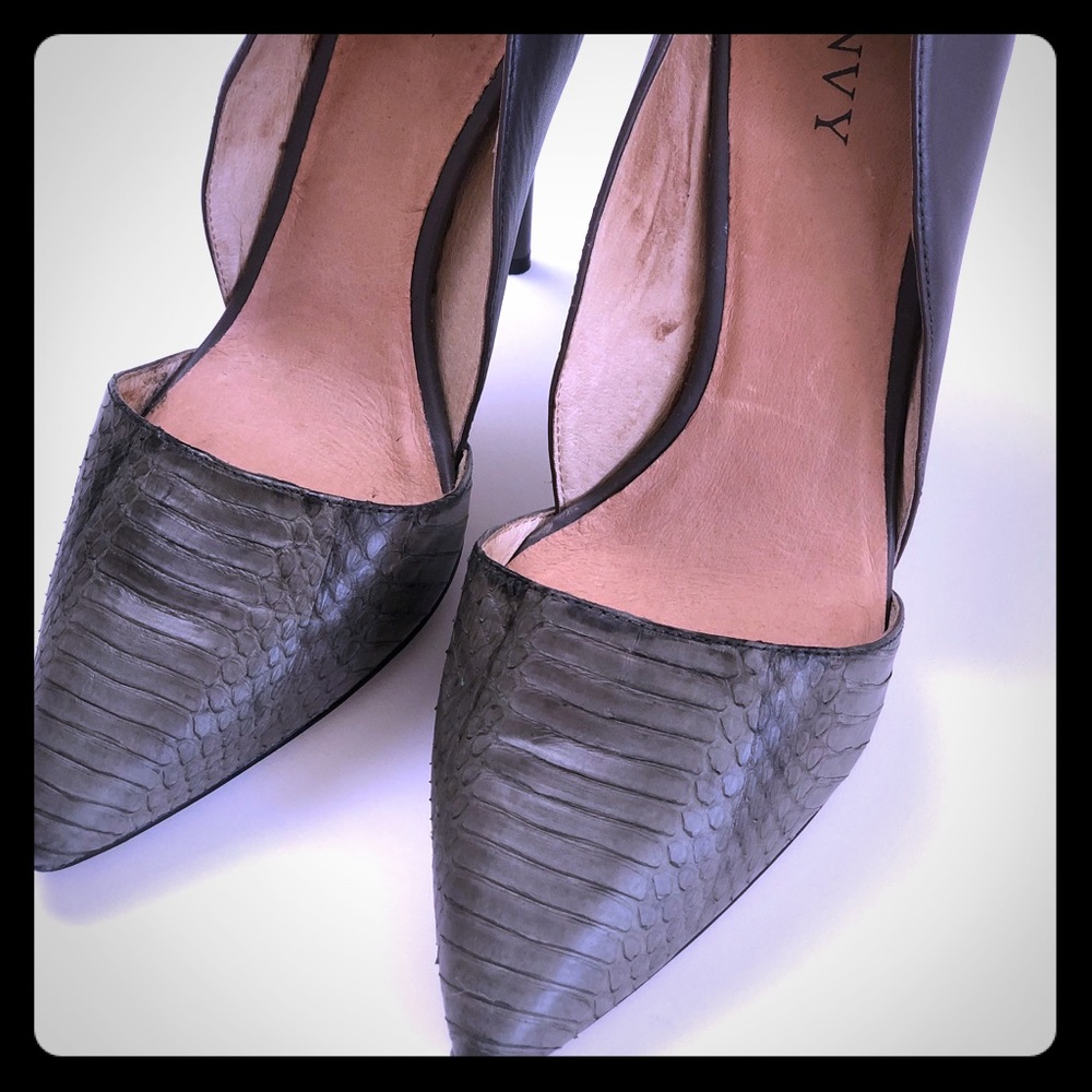RENVY D'Orsay Grey Leather Snake Stilettos